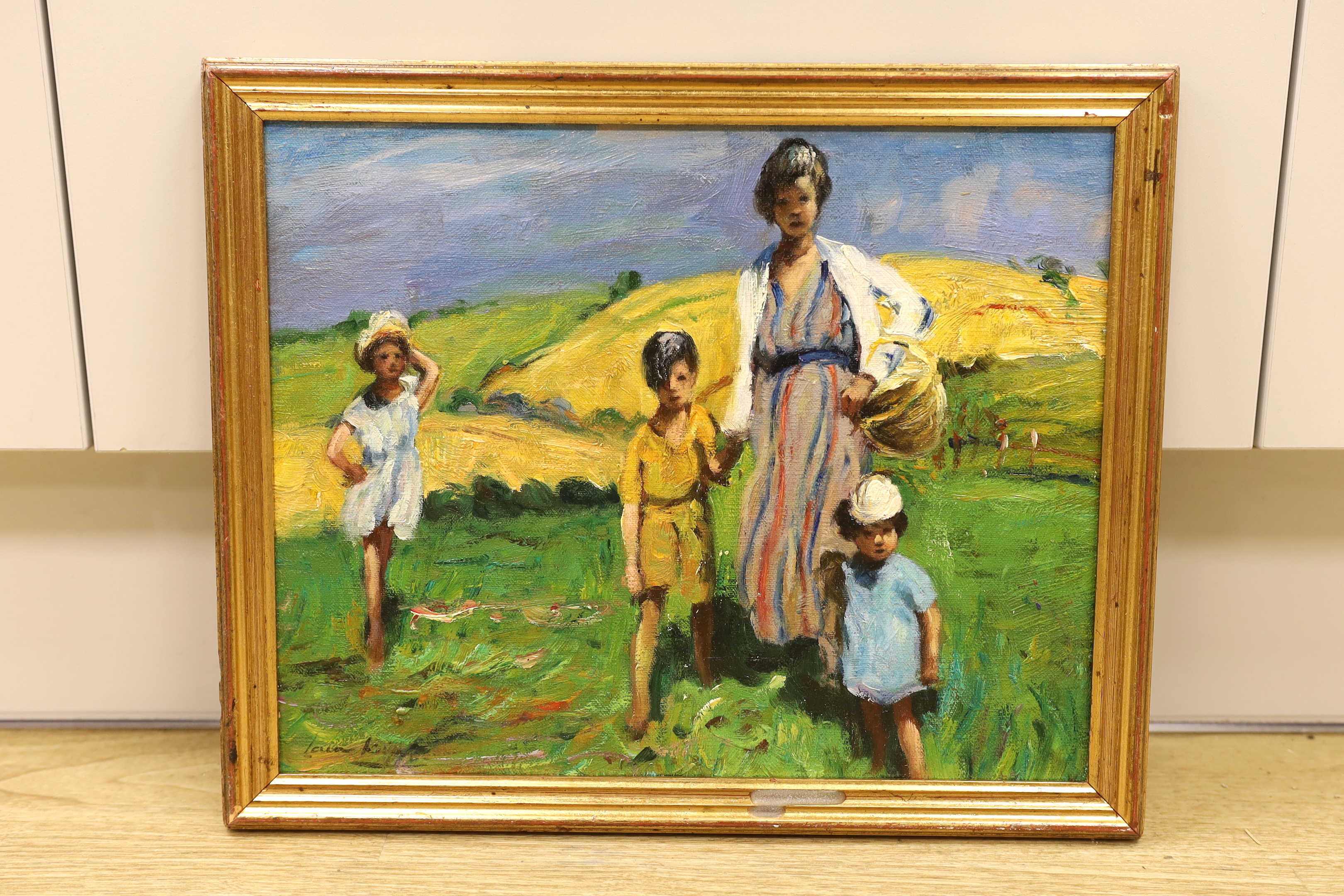 After Laura Knight (1877-1970), impressionist oil on board, Mother and children before a hillside landscape, 27 x 33cm